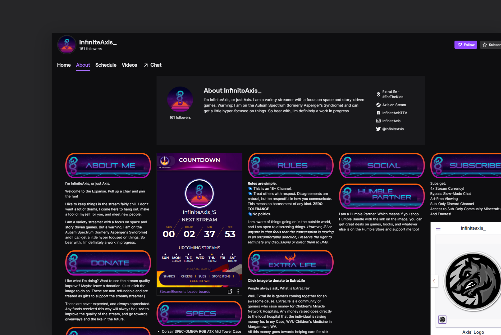 The About page on InfiniteAxis' twitch channel