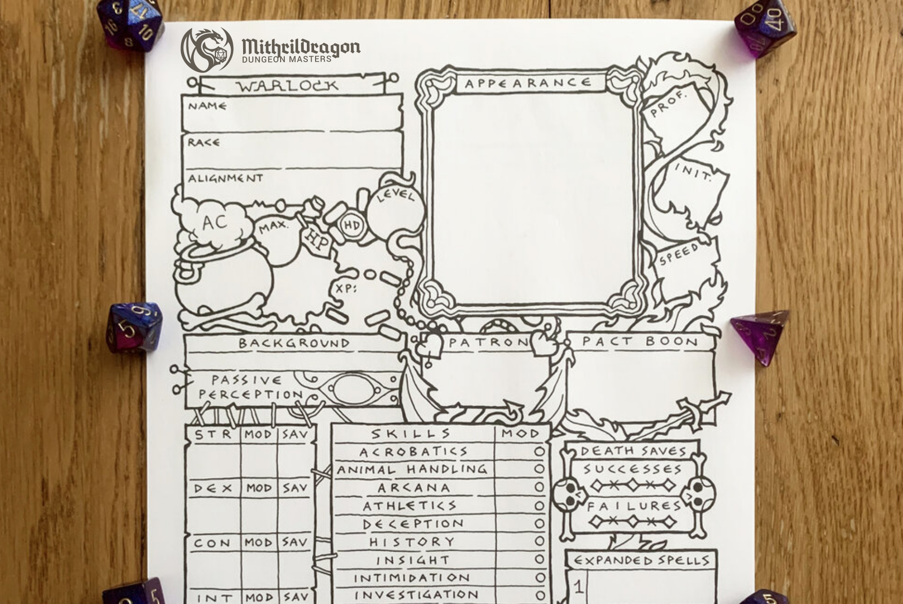 The Mithril Dragon Dungeon Masters logo displayed on a D&D character sheet