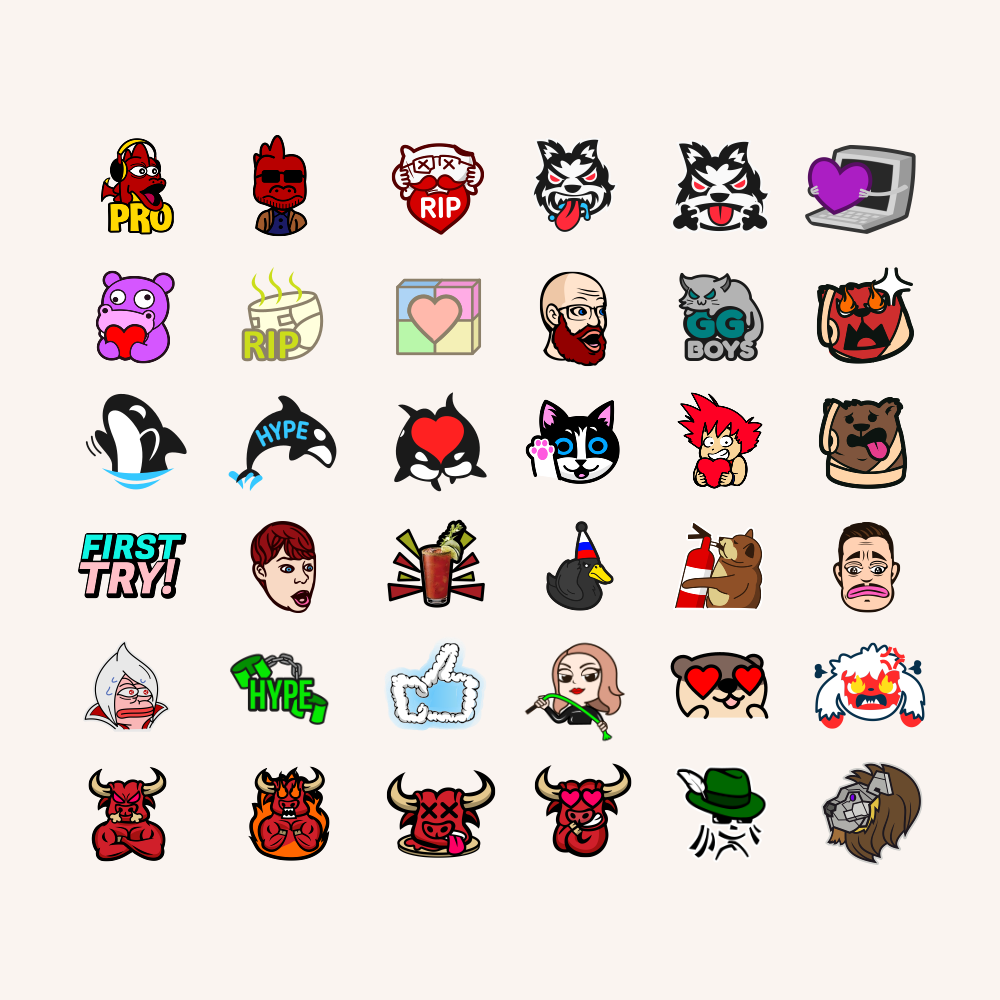 Twitch emotes for various streamers. Designed by Johnery