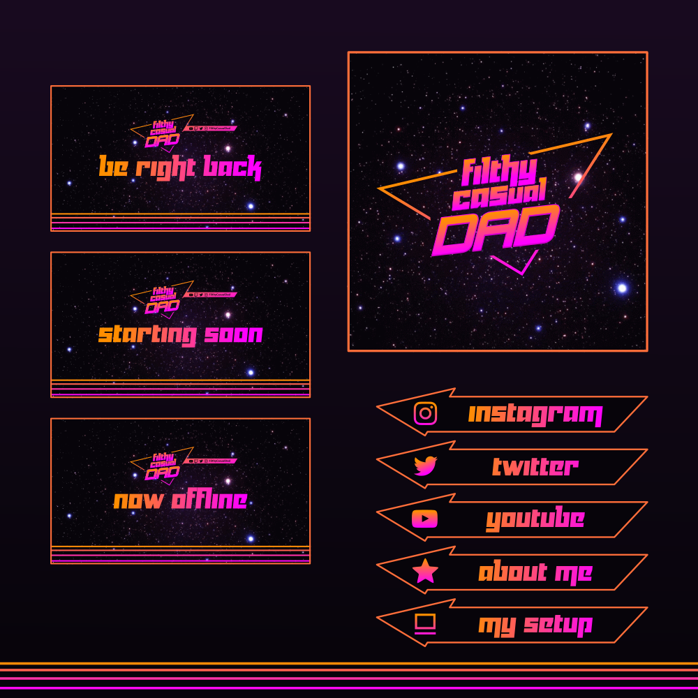 Twitch graphics for Filthy Casual Dad. Designed by Johnery