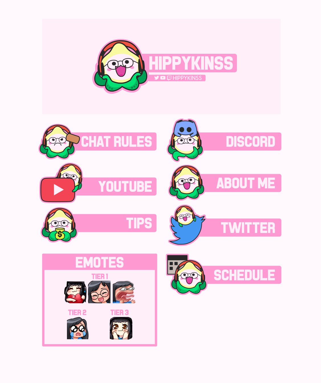 Twitch graphics for Hippykinss. Designed by Johnery