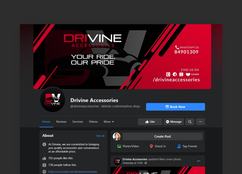 Facebook cover design for Drivine Accessories. Designed by Johnery